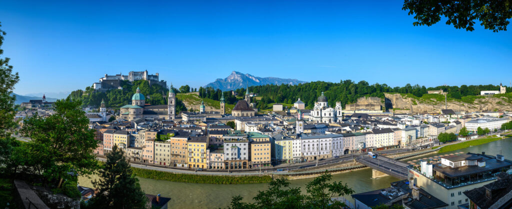 Panorama of Salzburg during summer season with a view to the Old Town of Salzburg and Salzach
